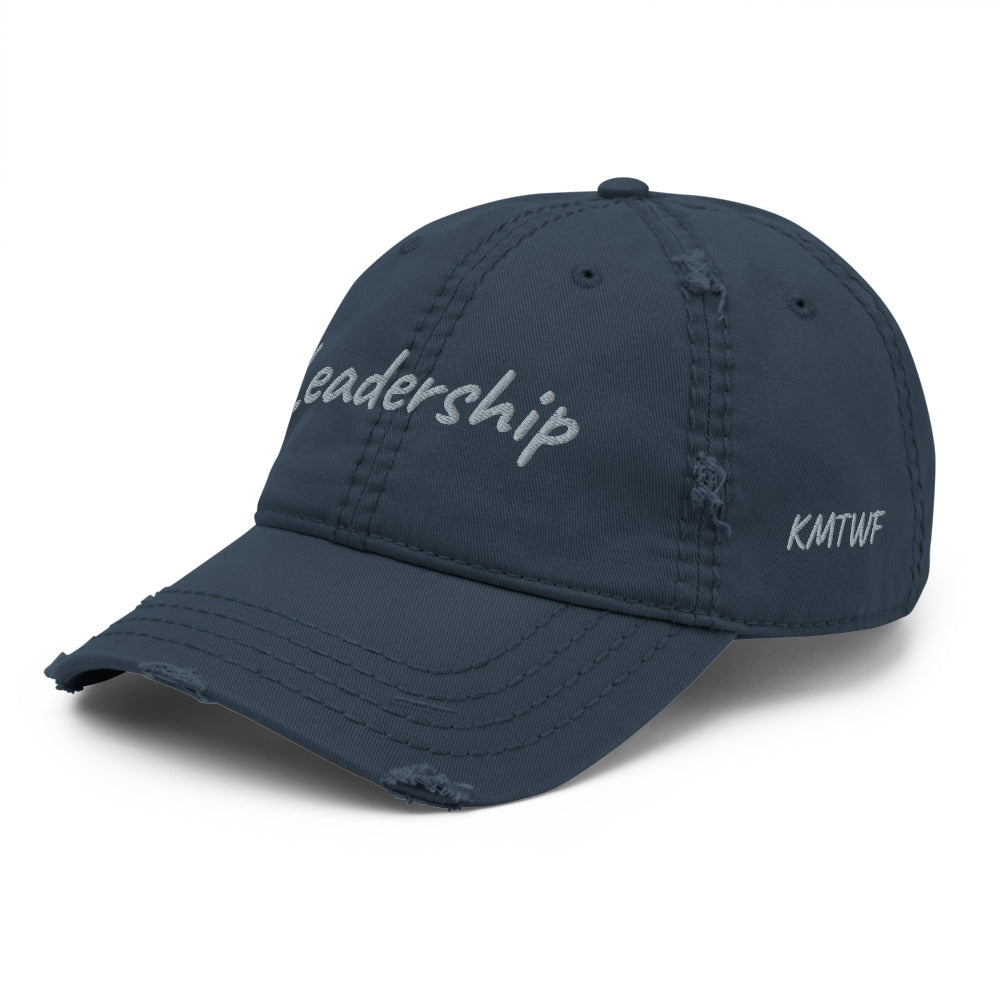 Leadership In Silver Embroidery On Distressed Baseball Cap