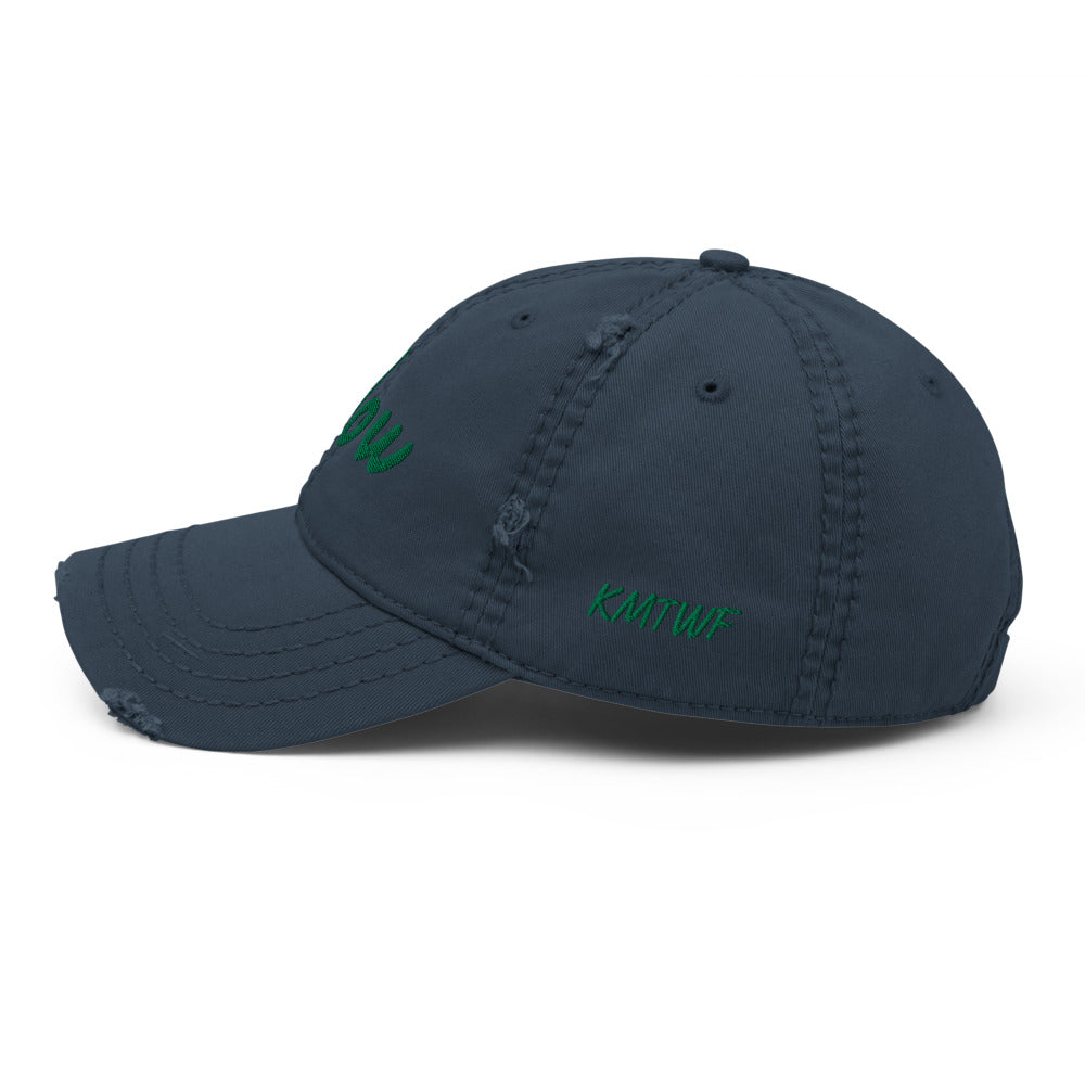 Now In Emerald Embroidery On Distressed Baseball Cap