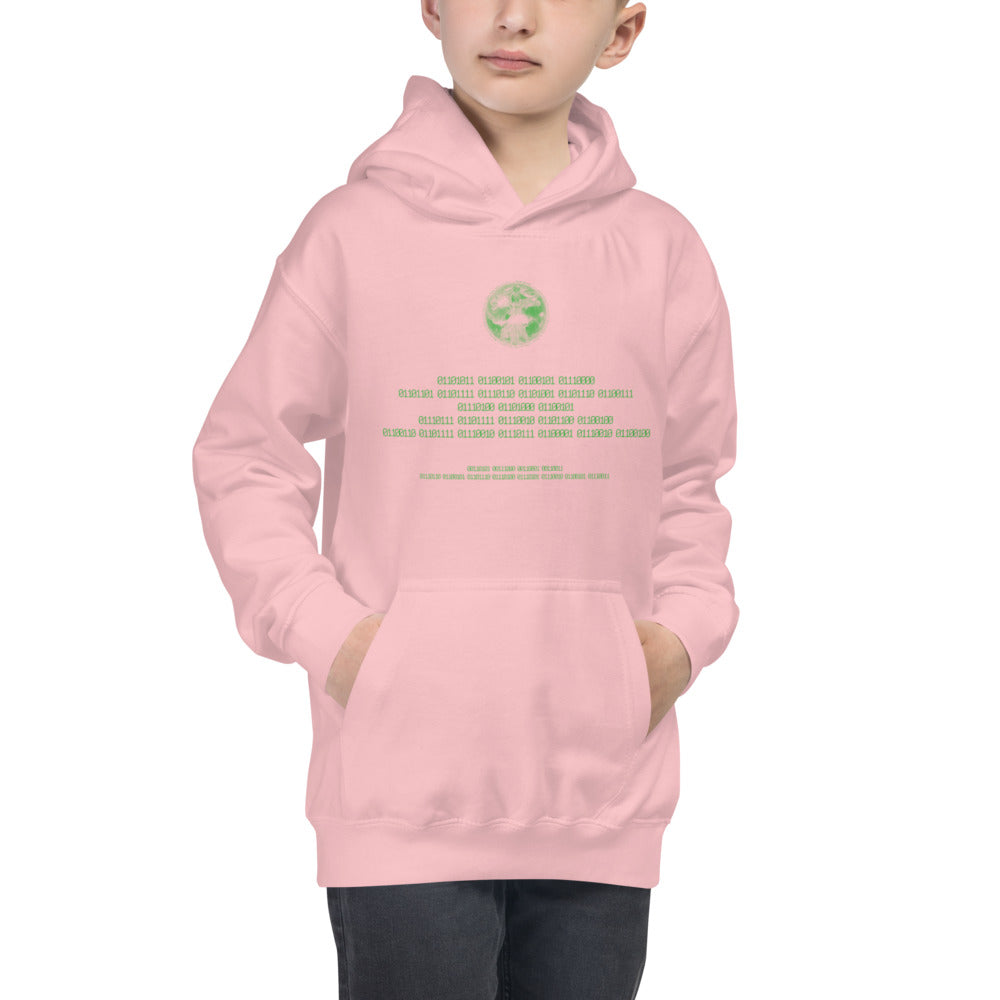 Binary Instructions To Keep Moving The World Forward With Vitruvian Earth In Green on Kids Hoodie