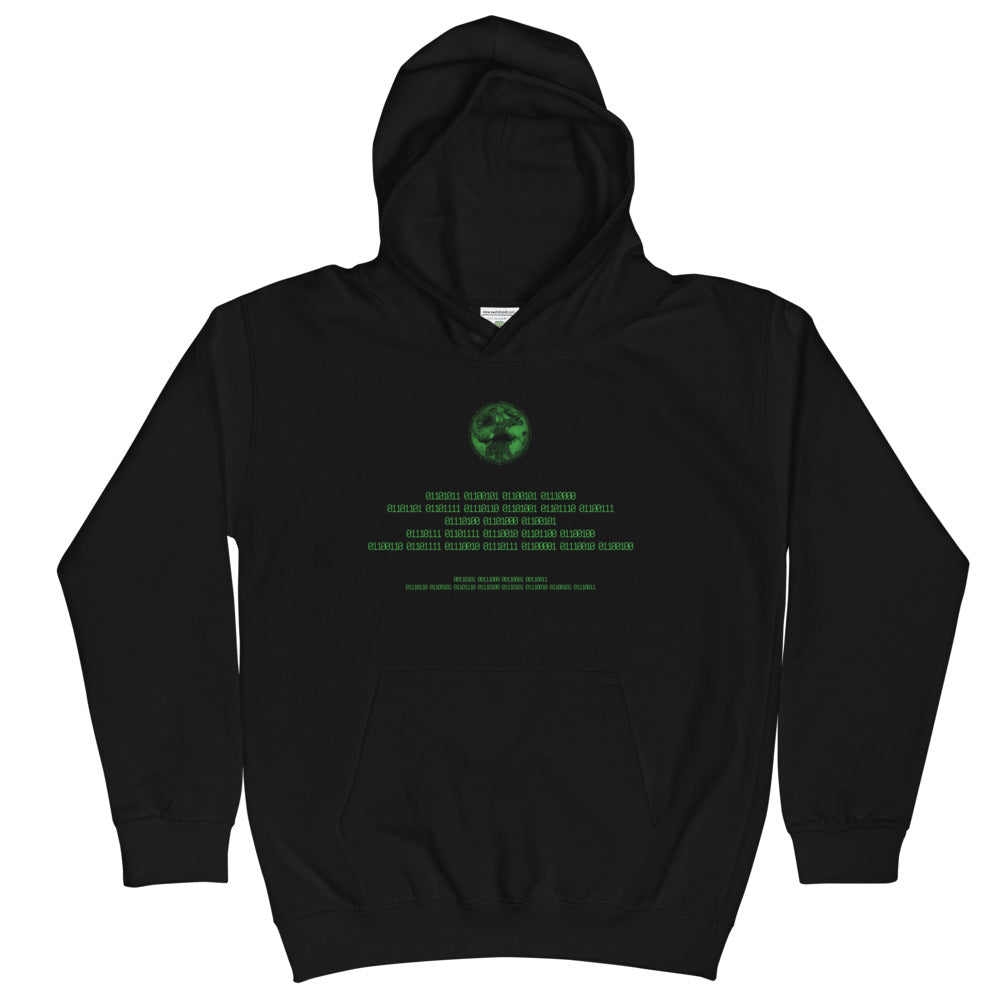 Binary Instructions To Keep Moving The World Forward With Vitruvian Earth In Green on Kids Hoodie