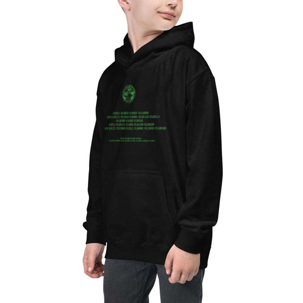Binary Instructions To Keep Moving The World Forward With Vitruvian Earth In Green on Kids Hoodie