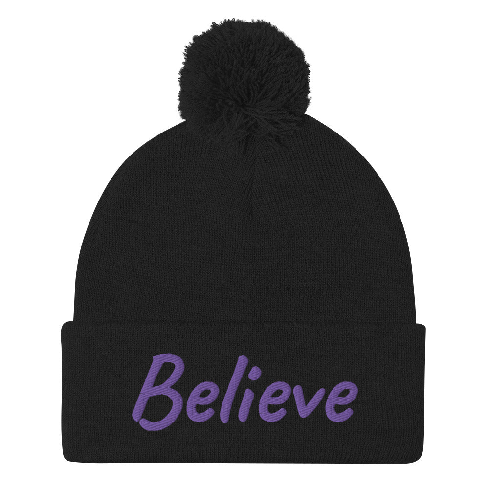 Believe In Amethyst Embroidery On Pom Pom Beanie