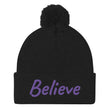 Believe In Amethyst Embroidery On Pom Pom Beanie