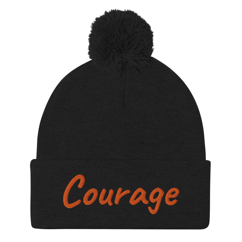 Courage In Amber Embroidery On Pom Pom Beanie