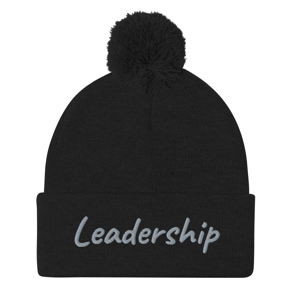 Leadership In Silver Embroidery On Pom Pom Beanie