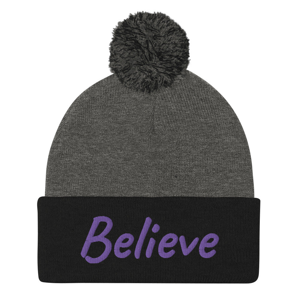 Believe In Amethyst Embroidery On Pom Pom Beanie