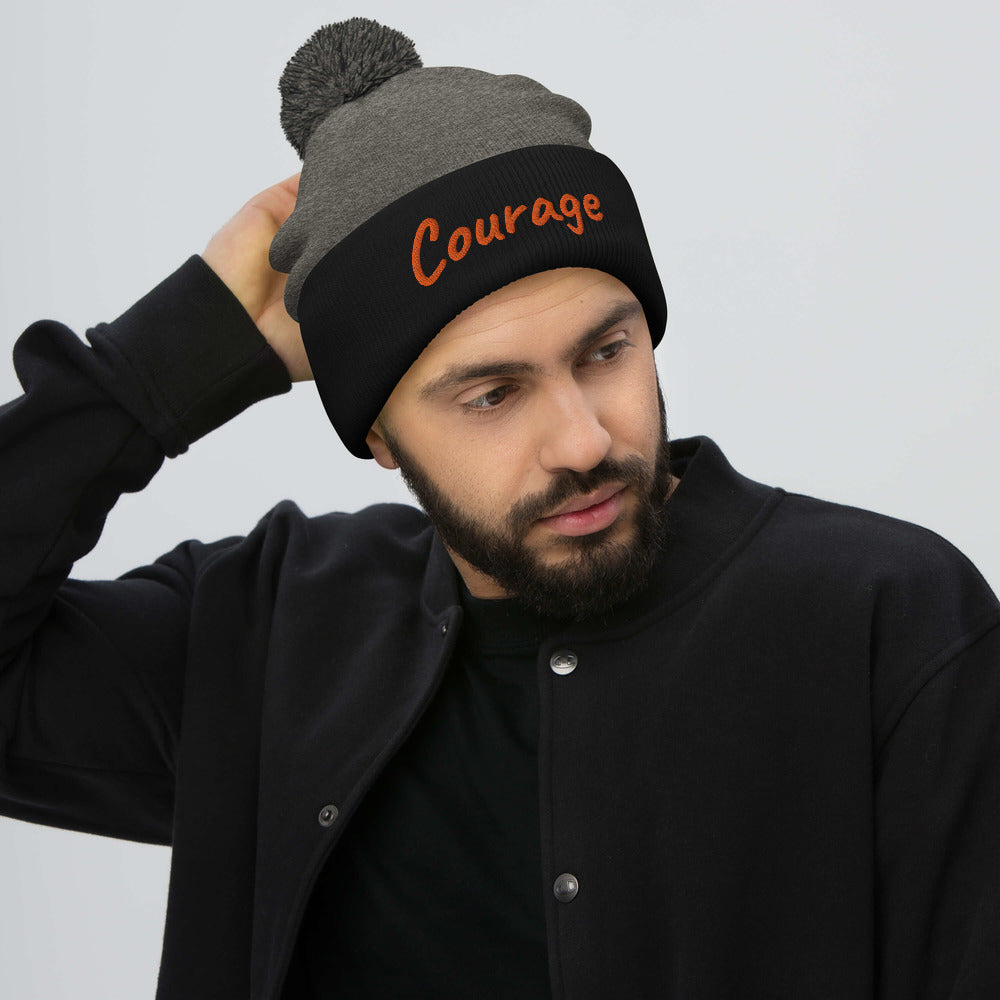 Courage In Amber Embroidery On Pom Pom Beanie
