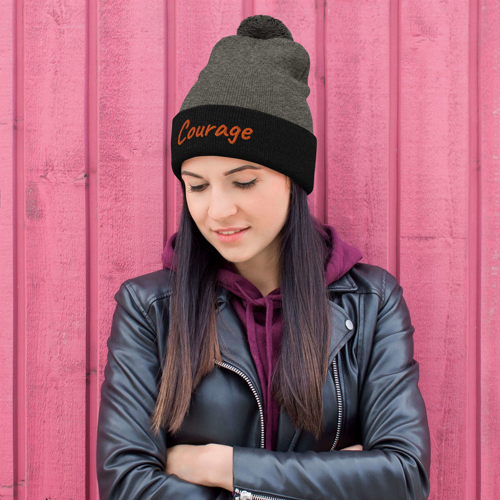 Courage In Amber Embroidery On Pom Pom Beanie