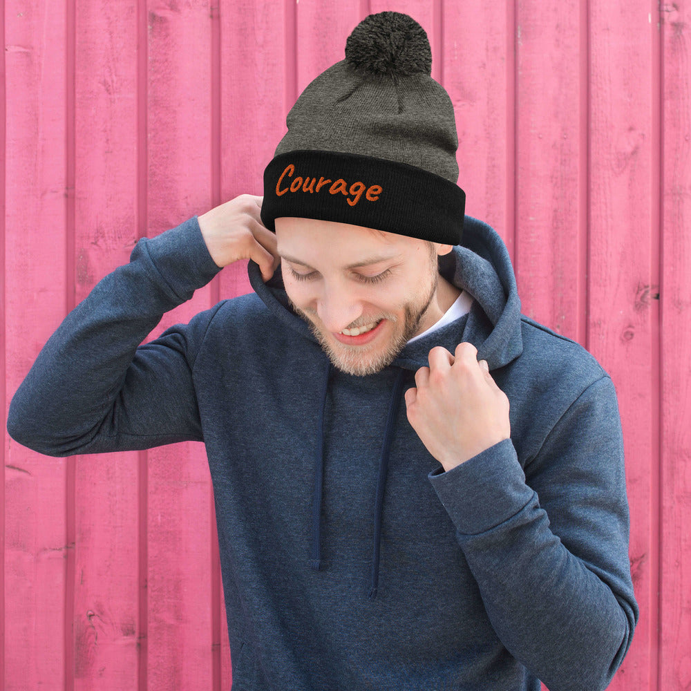 Courage In Amber Embroidery On Pom Pom Beanie