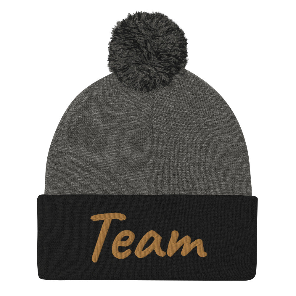 Team In Celluloid Embroidery On Pom Pom Beanie