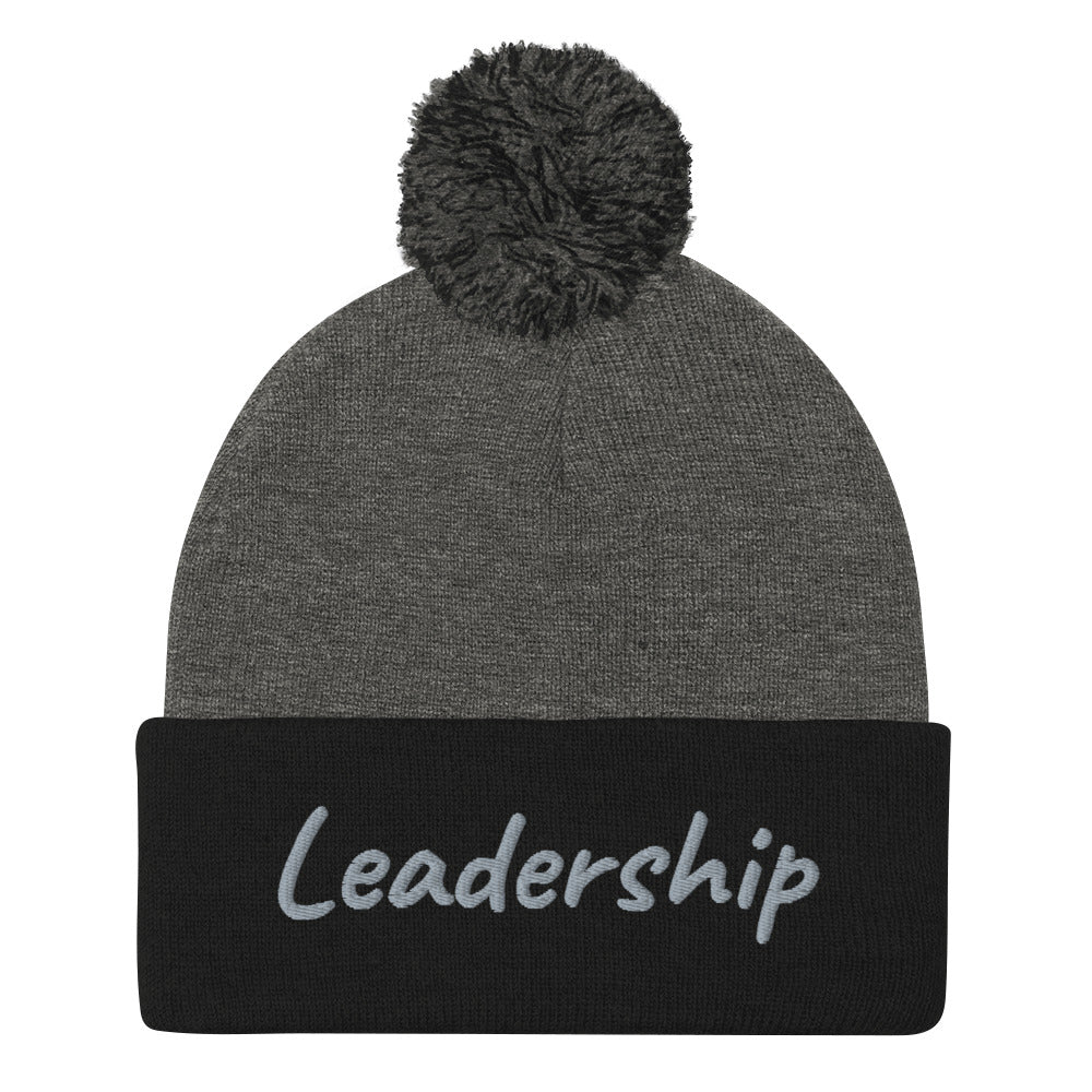 Leadership In Silver Embroidery On Pom Pom Beanie