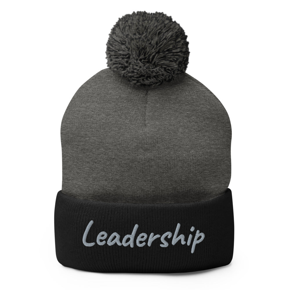 Leadership In Silver Embroidery On Pom Pom Beanie