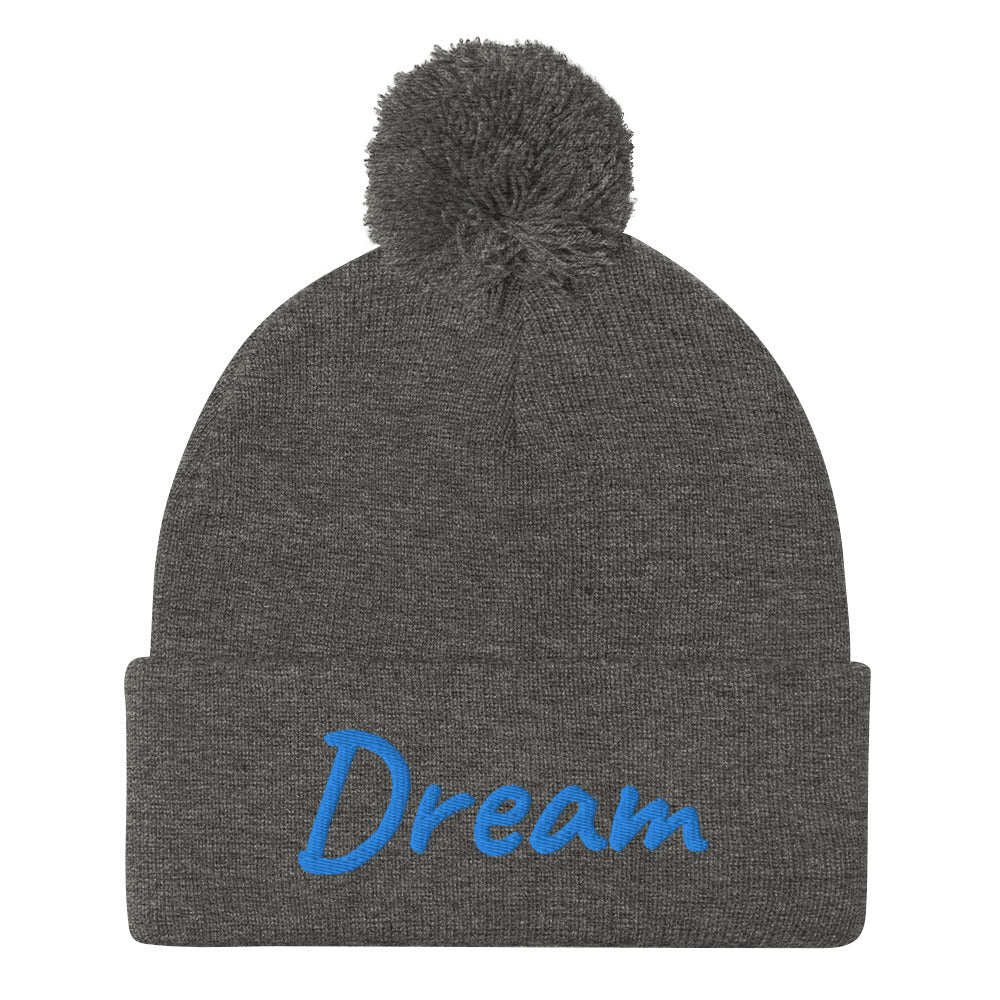 Dream In Sapphire Embroidery On Pom Pom Beanie