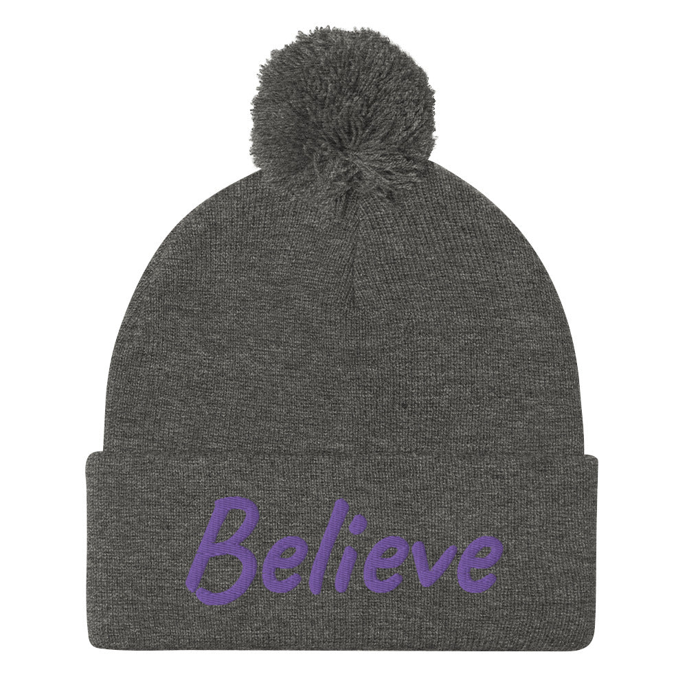 Believe In Amethyst Embroidery On Pom Pom Beanie