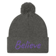 Believe In Amethyst Embroidery On Pom Pom Beanie