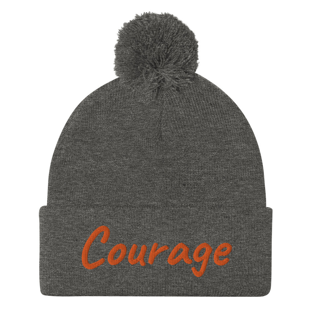Courage In Amber Embroidery On Pom Pom Beanie