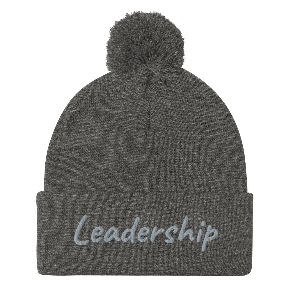 Leadership In Silver Embroidery On Pom Pom Beanie
