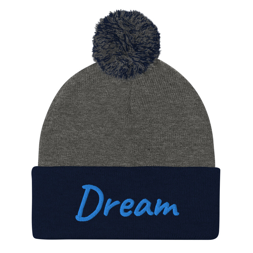 Dream In Sapphire Embroidery On Pom Pom Beanie