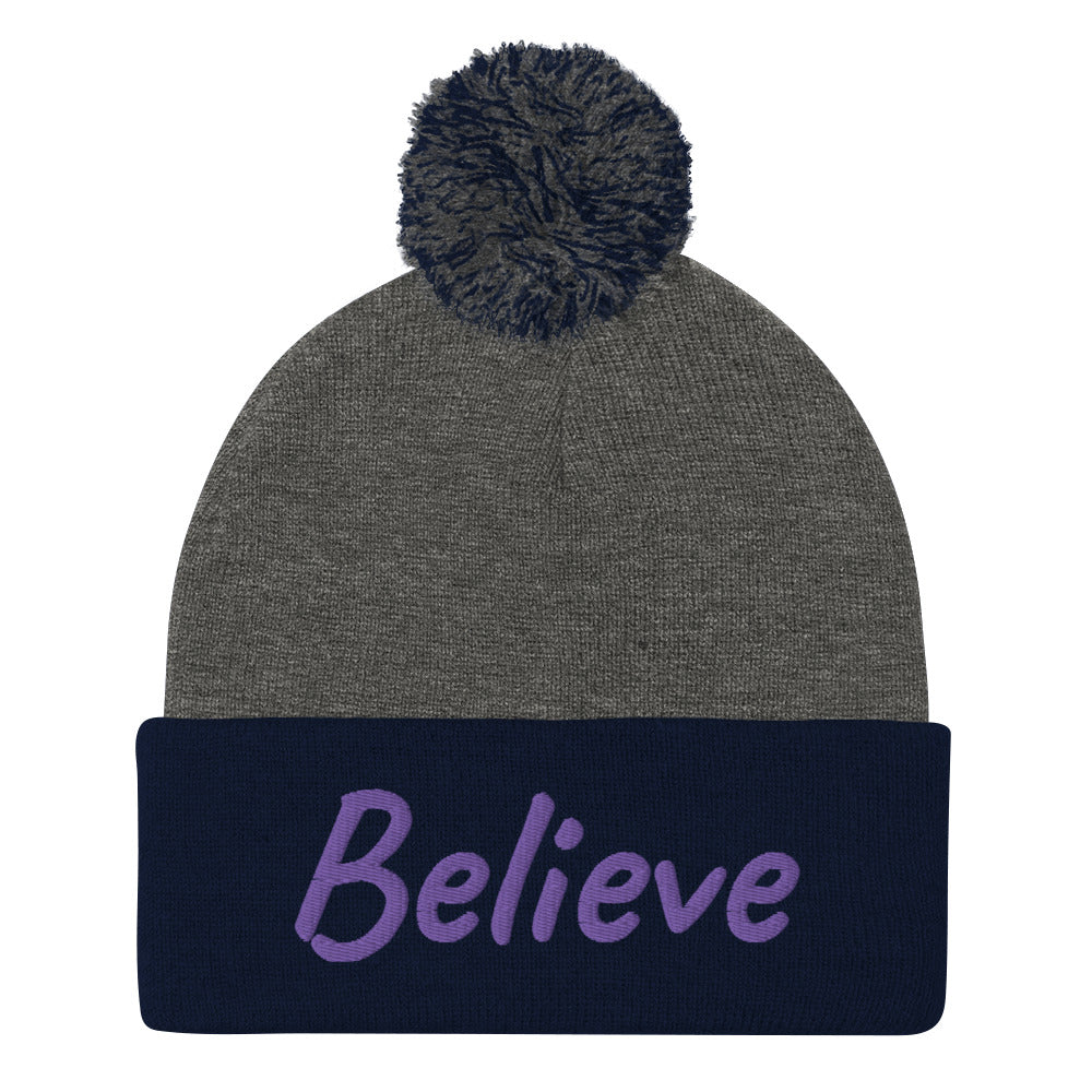 Believe In Amethyst Embroidery On Pom Pom Beanie