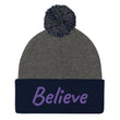 Believe In Amethyst Embroidery On Pom Pom Beanie