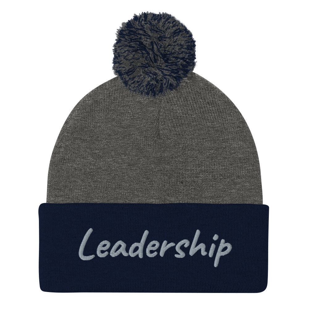Leadership In Silver Embroidery On Pom Pom Beanie