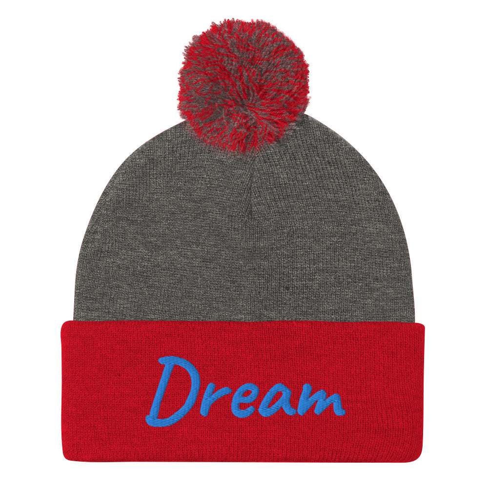 Dream In Sapphire Embroidery On Pom Pom Beanie
