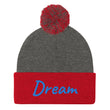 Dream In Sapphire Embroidery On Pom Pom Beanie
