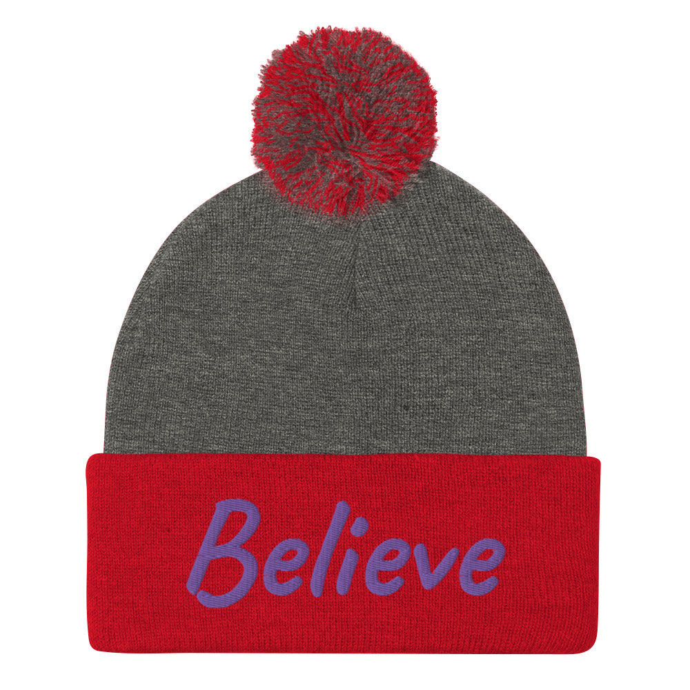 Believe In Amethyst Embroidery On Pom Pom Beanie