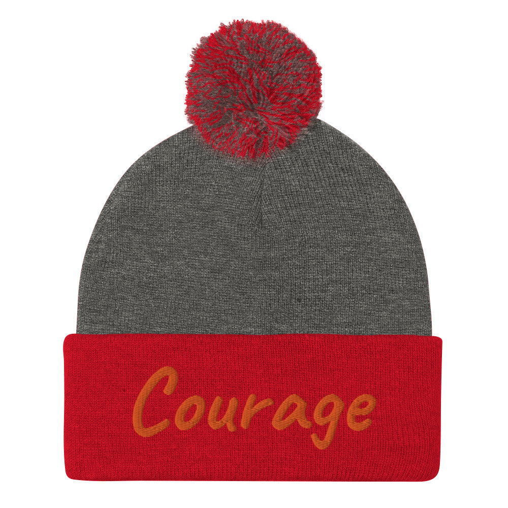 Courage In Amber Embroidery On Pom Pom Beanie