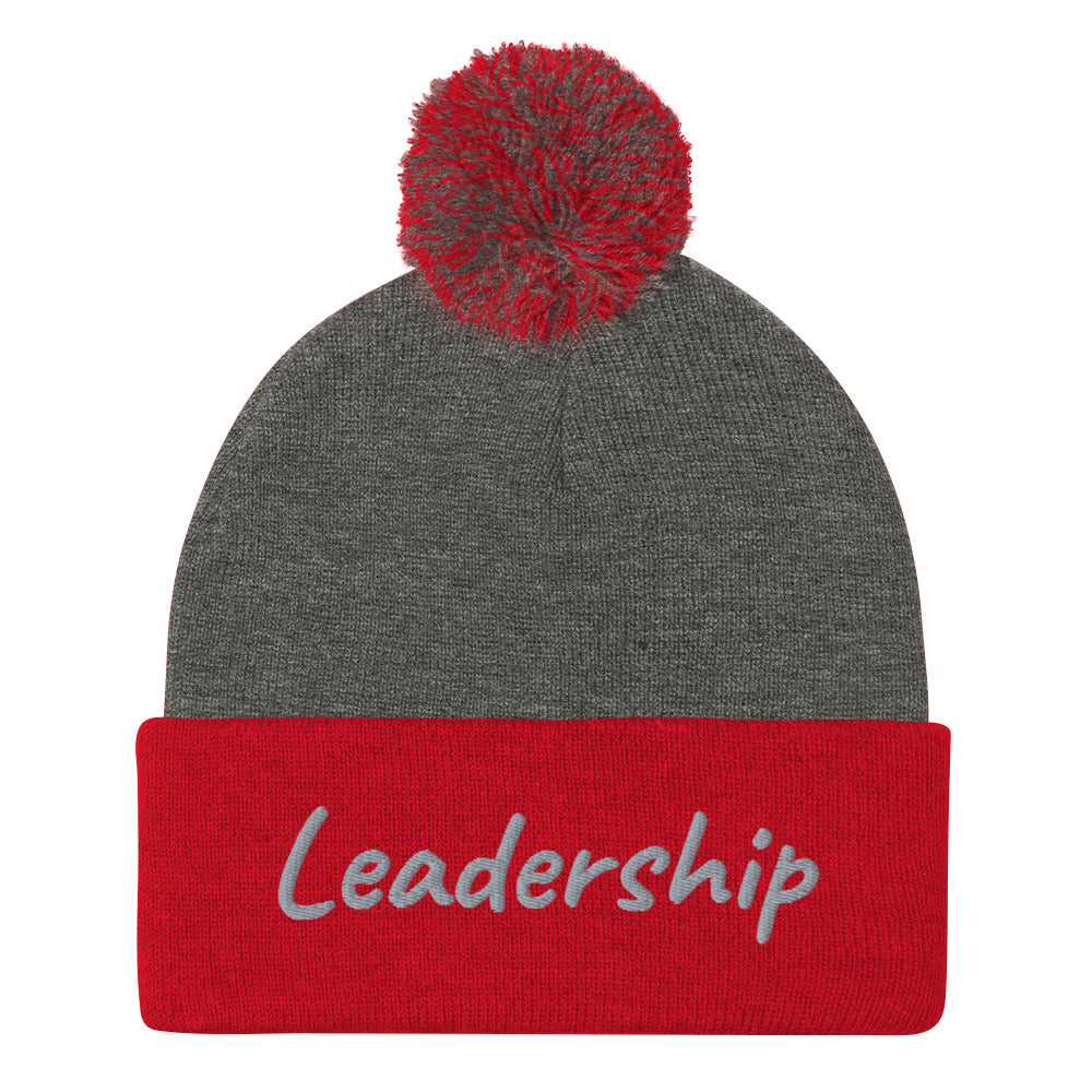 Leadership In Silver Embroidery On Pom Pom Beanie