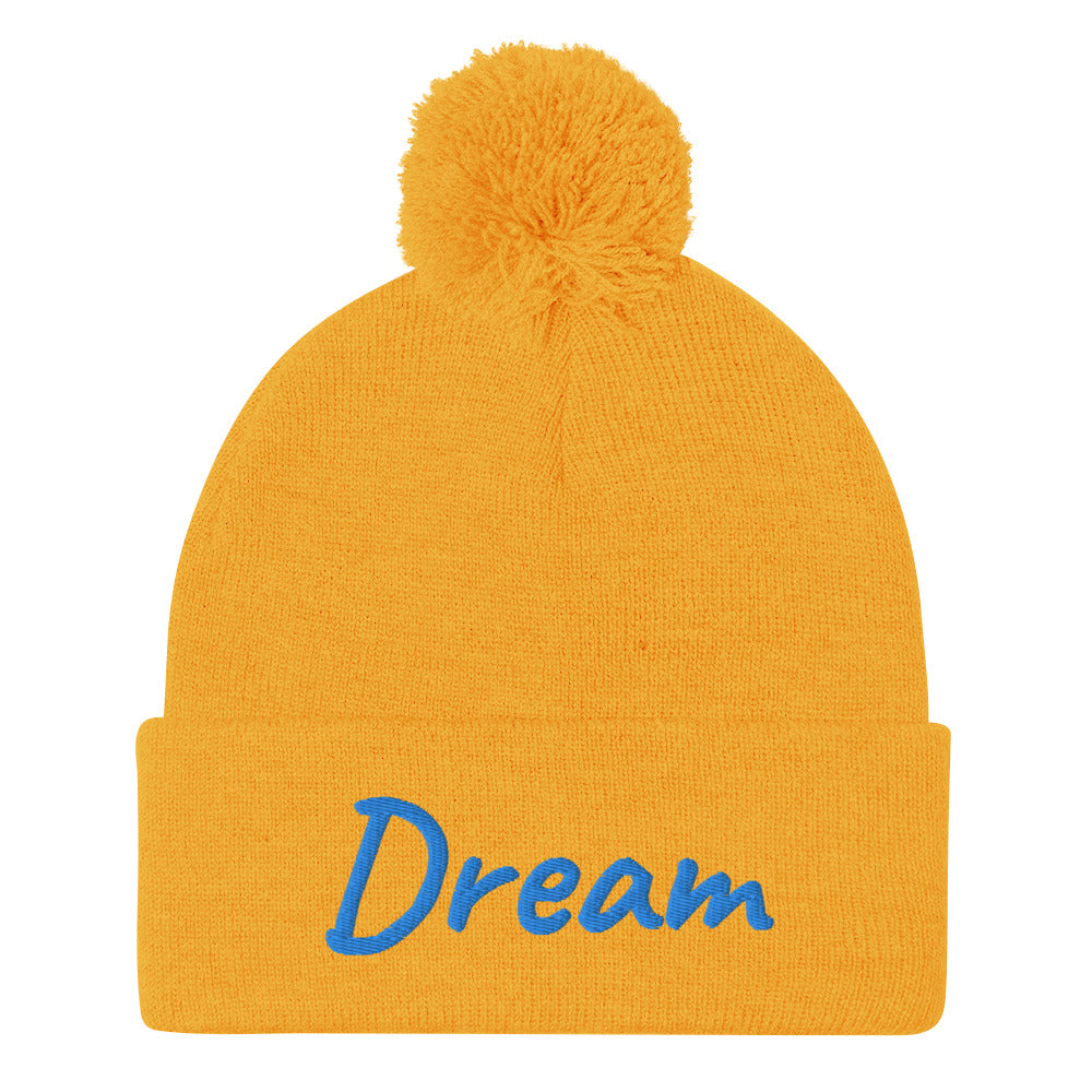 Dream In Sapphire Embroidery On Pom Pom Beanie