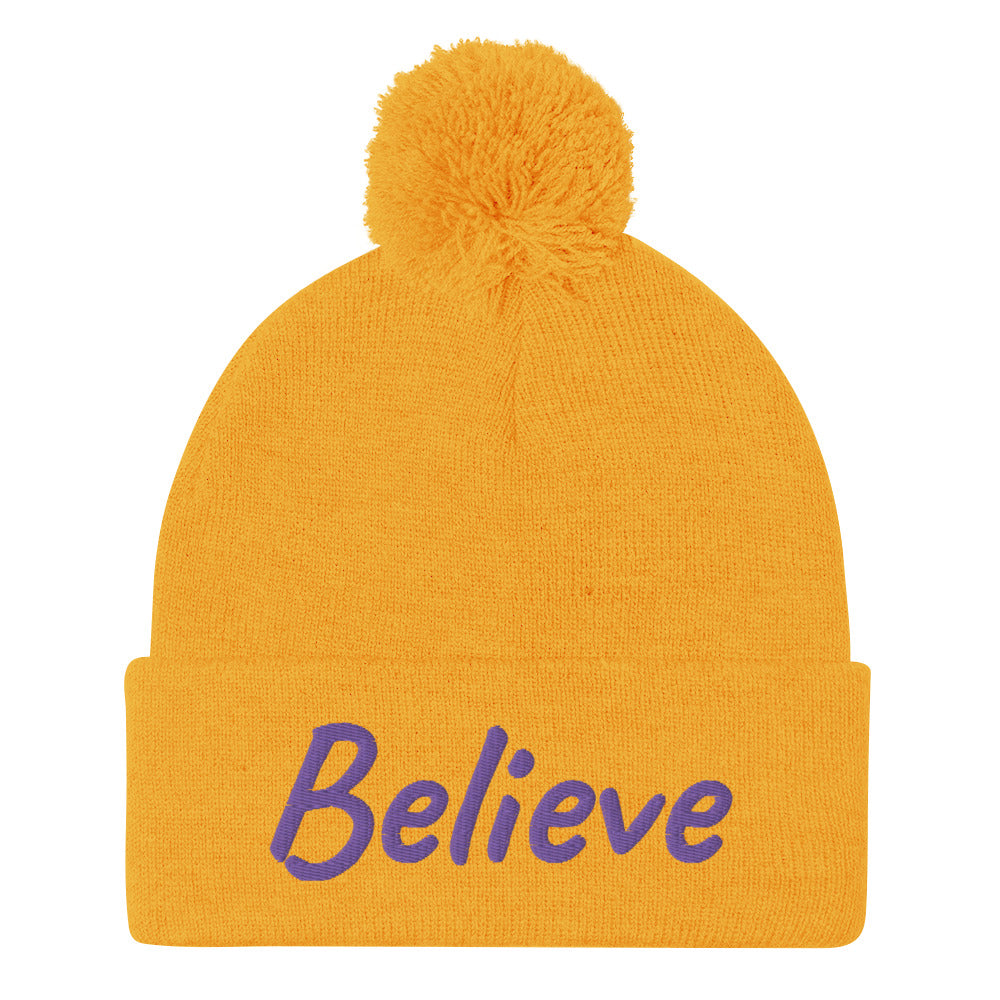 Believe In Amethyst Embroidery On Pom Pom Beanie