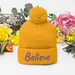 Believe In Amethyst Embroidery On Pom Pom Beanie