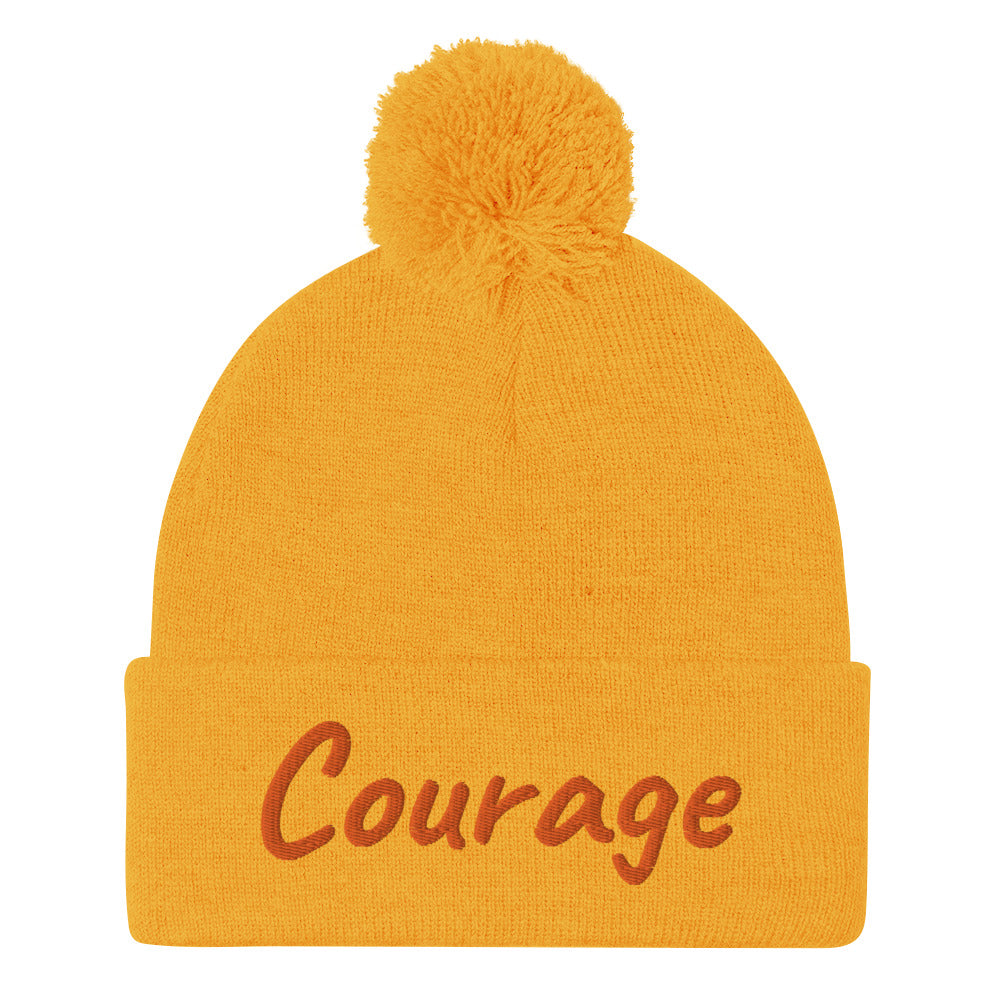 Courage In Amber Embroidery On Pom Pom Beanie