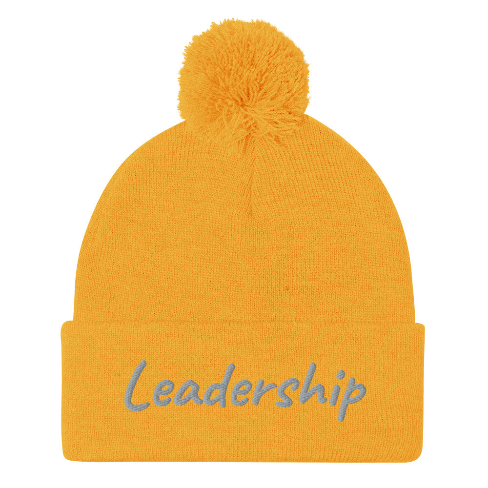 Leadership In Silver Embroidery On Pom Pom Beanie