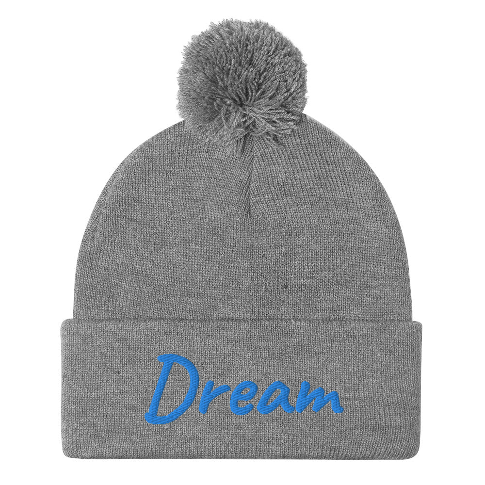 Dream In Sapphire Embroidery On Pom Pom Beanie
