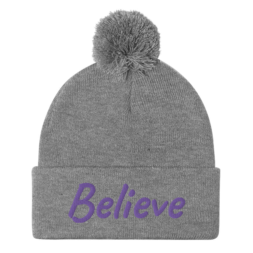 Believe In Amethyst Embroidery On Pom Pom Beanie