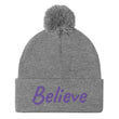 Believe In Amethyst Embroidery On Pom Pom Beanie