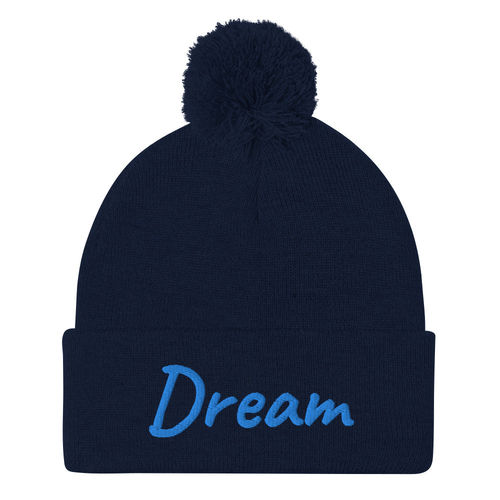 Dream In Sapphire Embroidery On Pom Pom Beanie