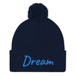 Dream In Sapphire Embroidery On Pom Pom Beanie