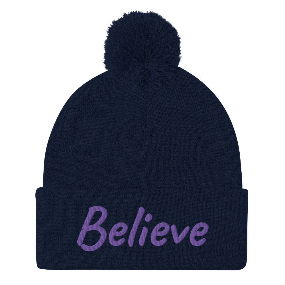 Believe In Amethyst Embroidery On Pom Pom Beanie
