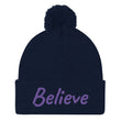 Believe In Amethyst Embroidery On Pom Pom Beanie