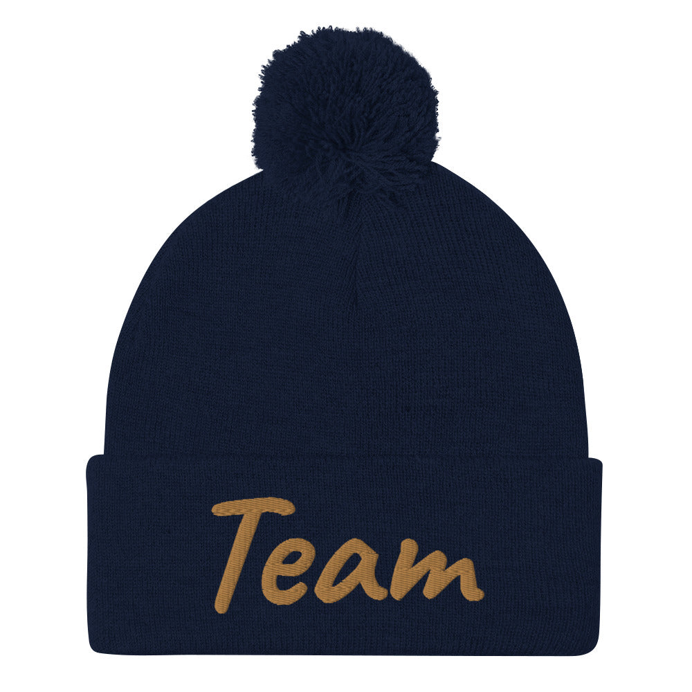 Team In Celluloid Embroidery On Pom Pom Beanie