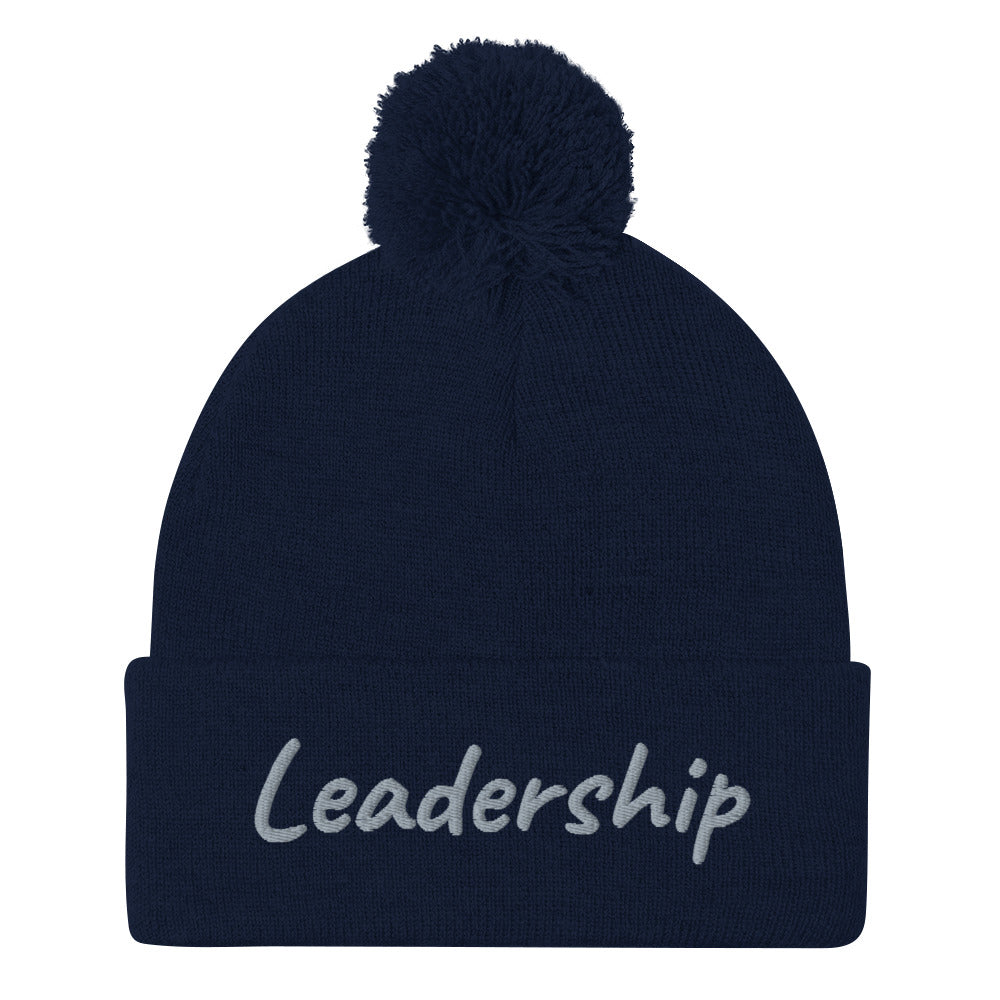 Leadership In Silver Embroidery On Pom Pom Beanie
