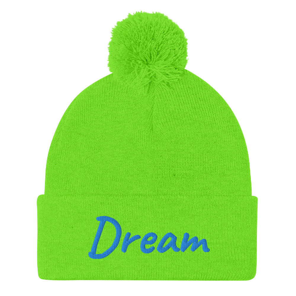 Dream In Sapphire Embroidery On Pom Pom Beanie