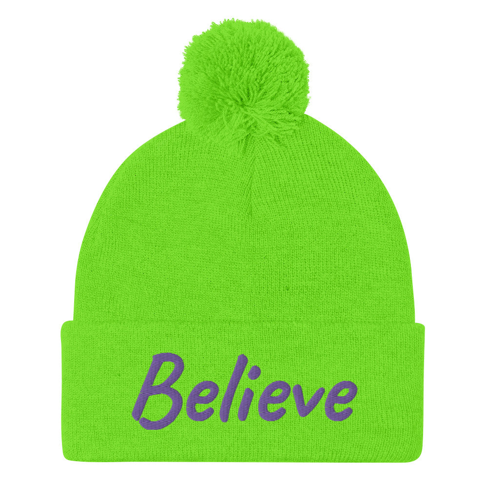 Believe In Amethyst Embroidery On Pom Pom Beanie