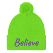 Believe In Amethyst Embroidery On Pom Pom Beanie