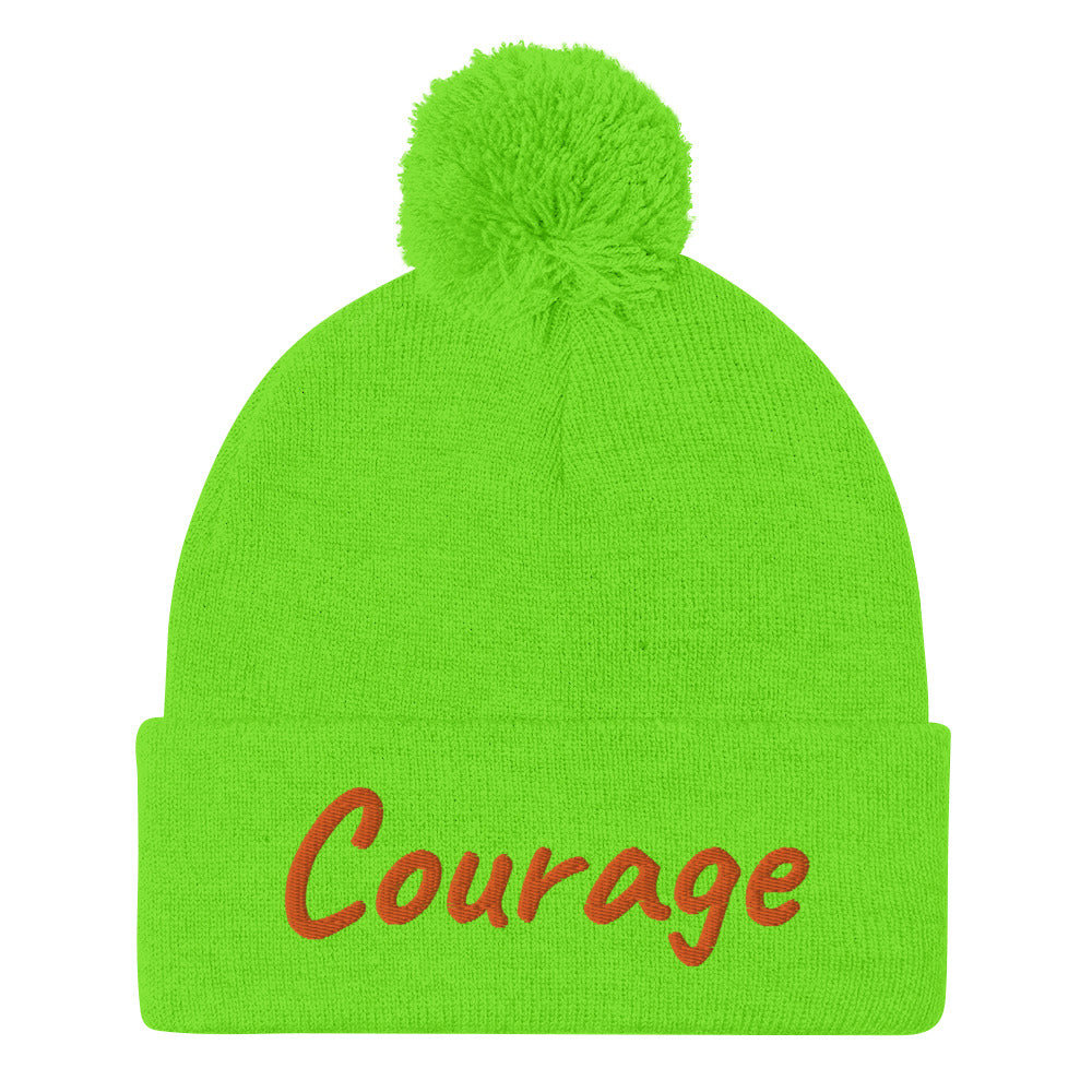 Courage In Amber Embroidery On Pom Pom Beanie