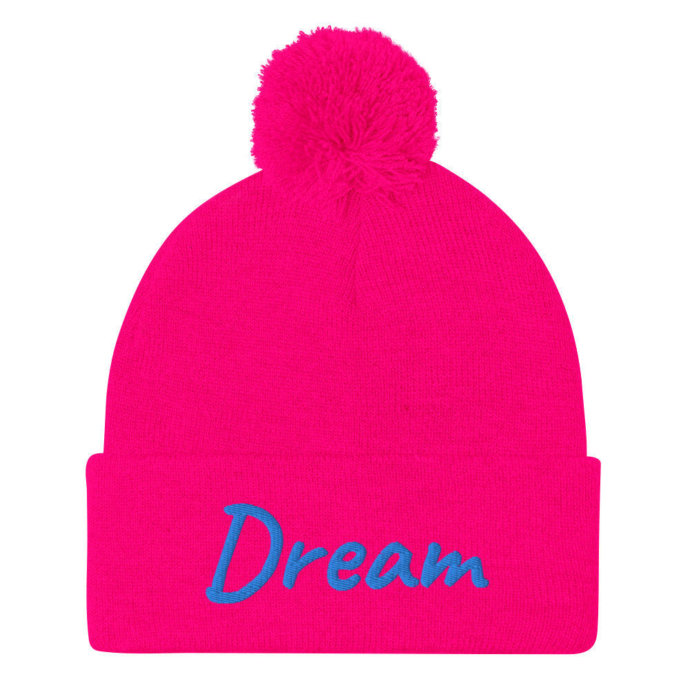 Dream In Sapphire Embroidery On Pom Pom Beanie