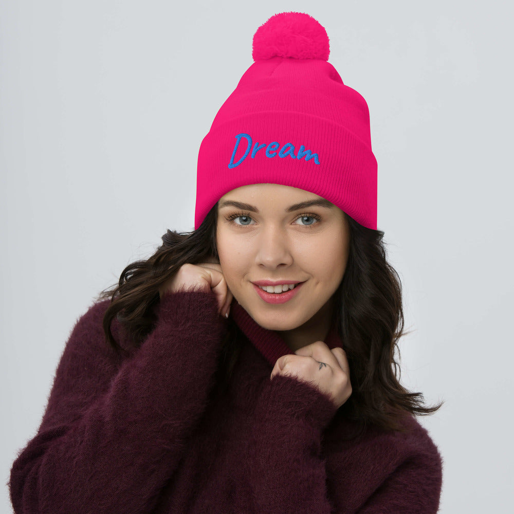 Dream In Sapphire Embroidery On Pom Pom Beanie